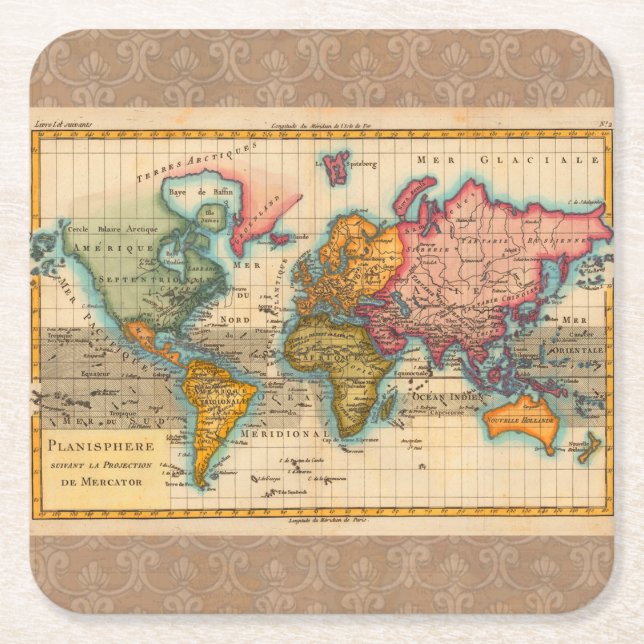 World Map 1780 Bonne Antique Planisphere  Square Paper Coaster (Front)