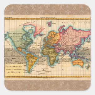 World Map 1780 Bonne Antique Planisphere  Square Sticker