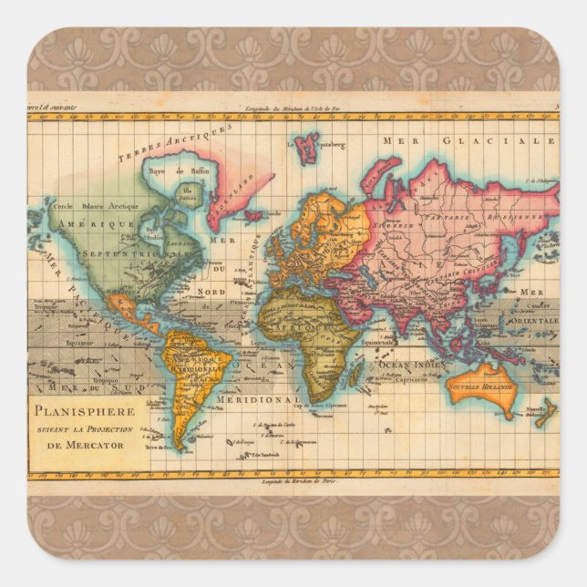 World Map 1780 Bonne Antique Planisphere  Square Sticker (Front)