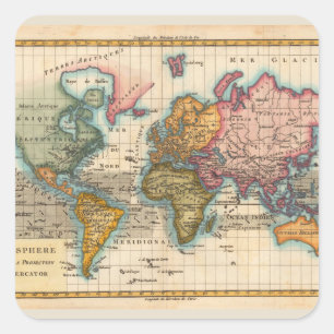 World Map 1780 Bonne Antique Planisphere  Square Sticker