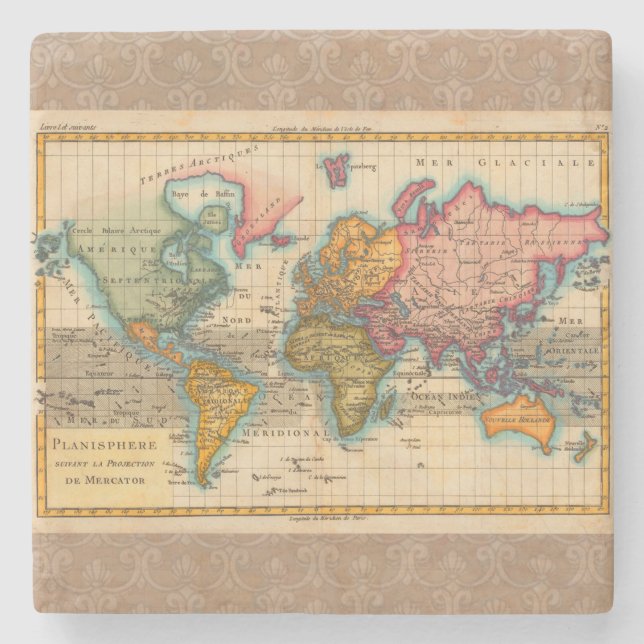 World Map 1780 Bonne Antique Planisphere  Stone Coaster (Front)