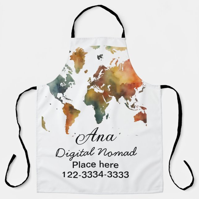 World map add your name text place city phone apron (Front)