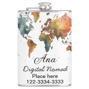 World map add your name text place city phone hip flask