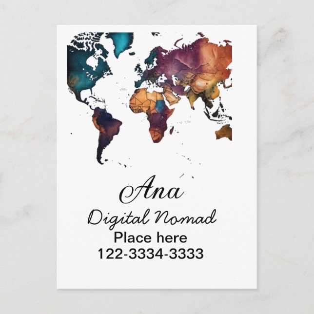 World map add your name text place city phone postcard (Front)