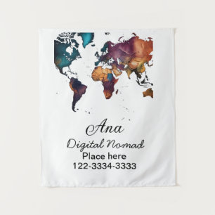 World map add your name text place city phone tapestry