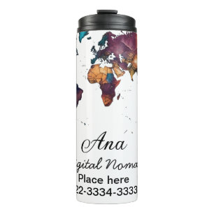 World map add your name text place city phone thermal tumbler