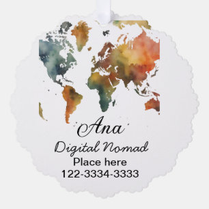 World map add your name text place city phone tree decoration card