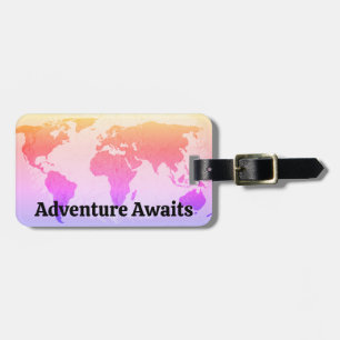 World Map Adventure Awaits Script Gift Favour Pink Luggage Tag