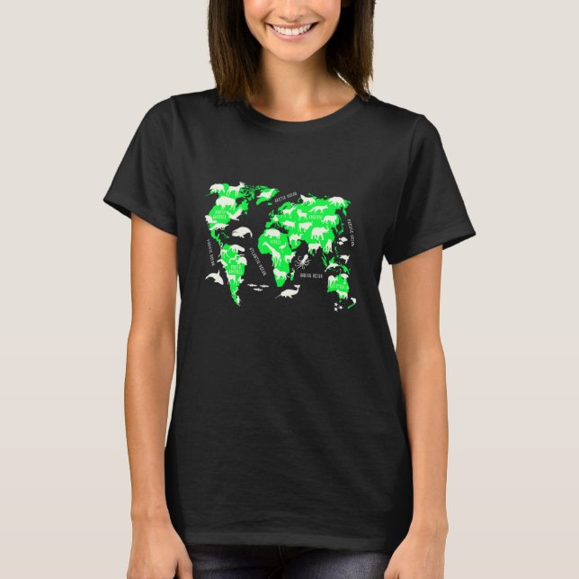 World Map Animals Collection Location Educational  T-Shirt (Front)