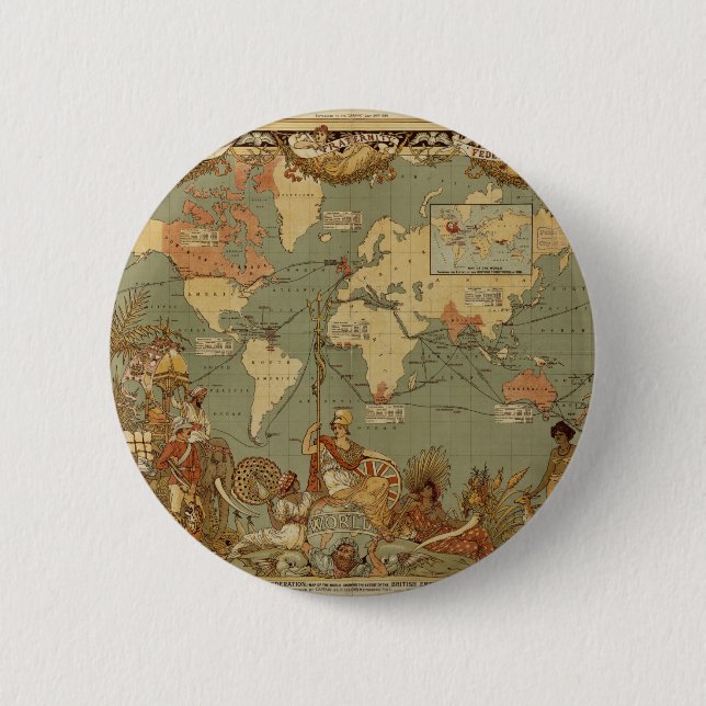 World Map Antique 1886 Illustrated 6 Cm Round Badge (Front)