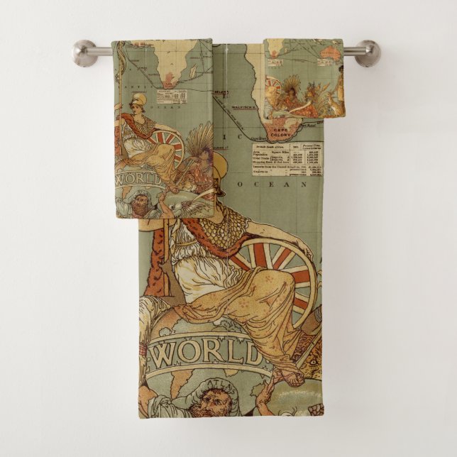 World Map Antique 1886 Illustrated Bath Towel Set (Insitu)