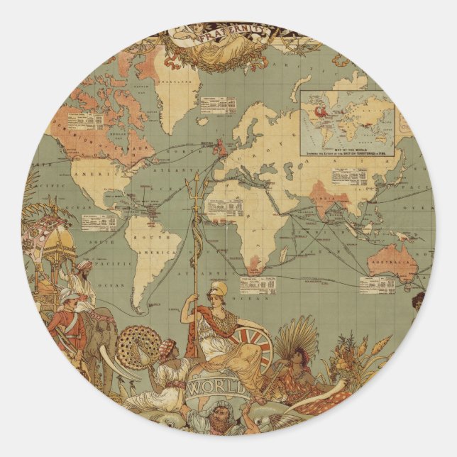 World Map Antique 1886 Illustrated Classic Round Sticker (Front)