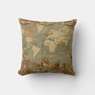 World Map Antique 1886 Illustrated Cushion