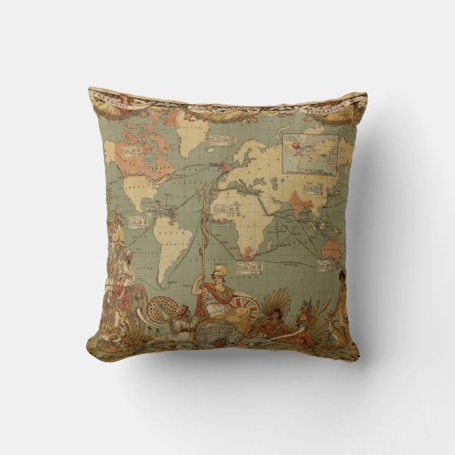 World Map Antique 1886 Illustrated Cushion (Front)