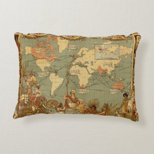 World Map Antique 1886 Illustrated Decorative Cushion
