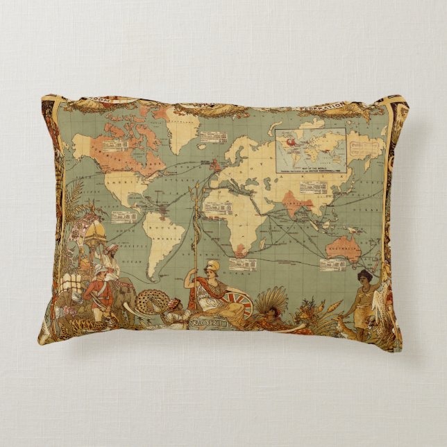 World Map Antique 1886 Illustrated Decorative Cushion (Back)