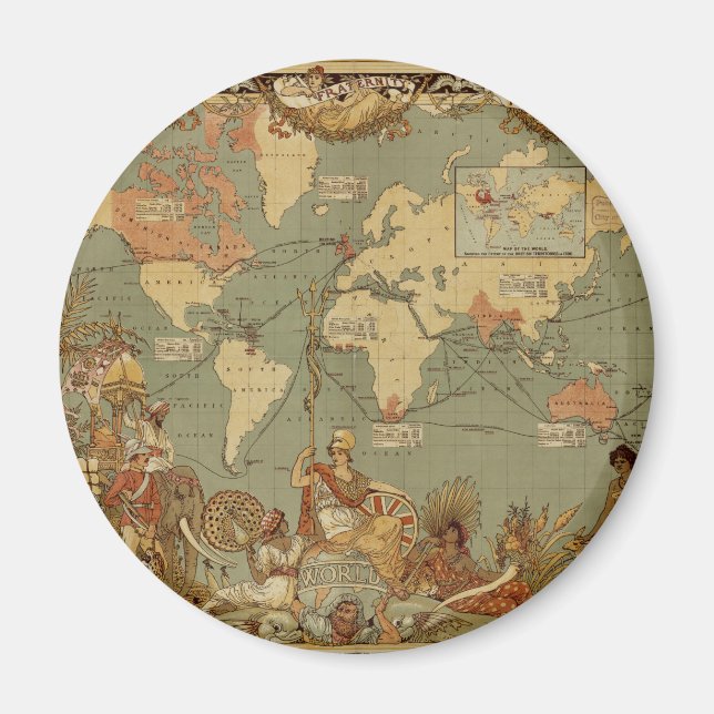 World Map Antique 1886 Illustrated Magnet (Front)