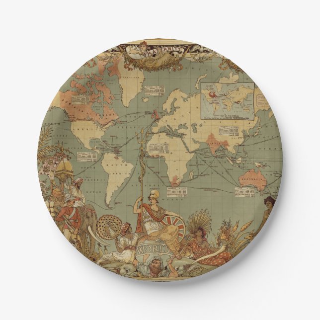 World Map Antique 1886 Illustrated Paper Plate (Front)