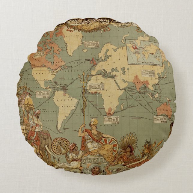World Map Antique 1886 Illustrated Round Cushion (Front)