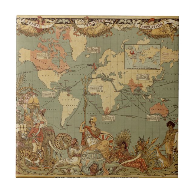 World Map Antique 1886 Illustrated Tile (Front)