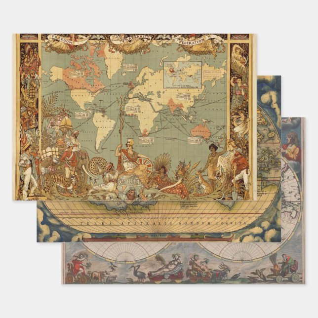 World Map Antique 1886 Illustrated Wrapping Paper Sheet (Set)