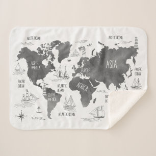 World Map Art Black White Nautical Sherpa Blanket