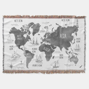 World Map Art Black White Nautical Throw Blanket