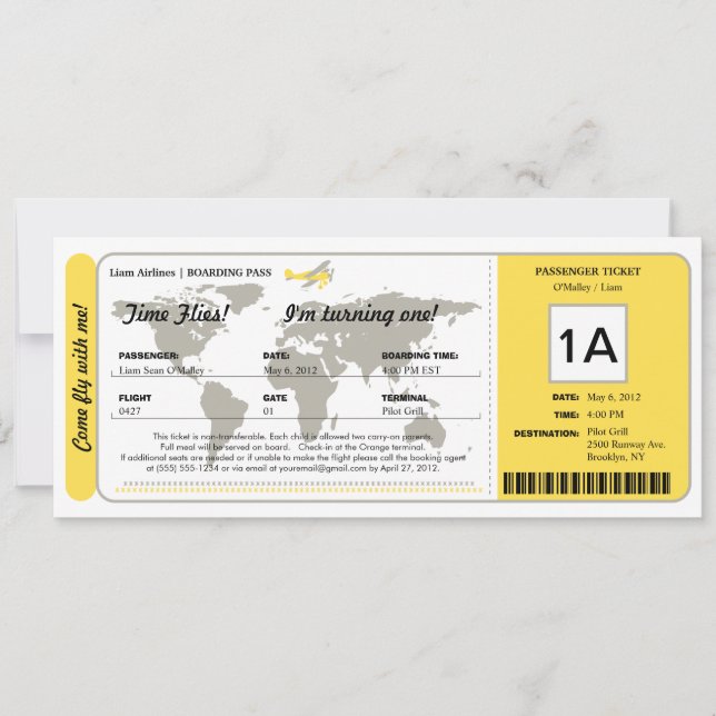 World Map Birthday Boarding Pass Ticket Invitation (Front)