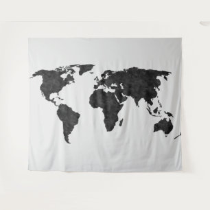  World Map Black Watercolor on Grey Tapestry