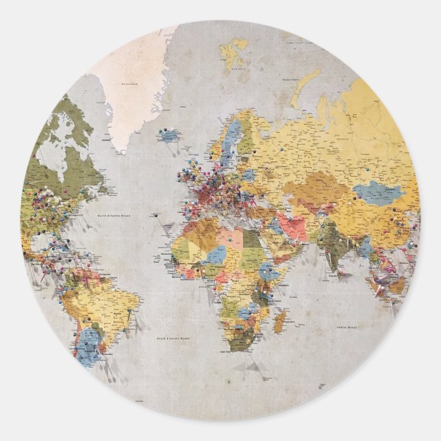 world map classic round sticker (Front)