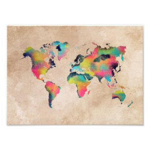 world map colour photo print