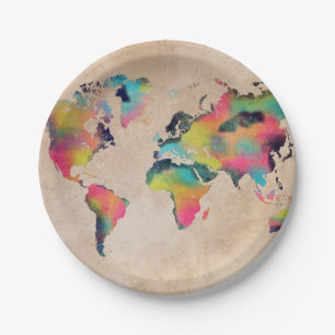 world map colours paper plate