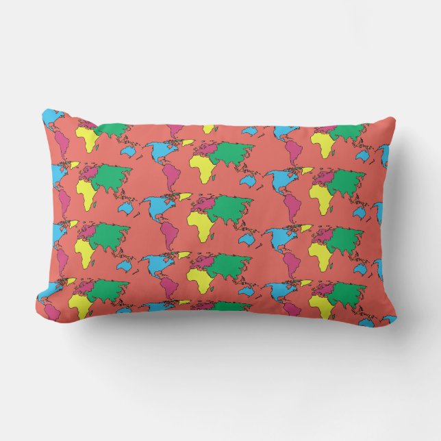 World Map Coral Pastel Colours Throw Pillow Cushio (Front)