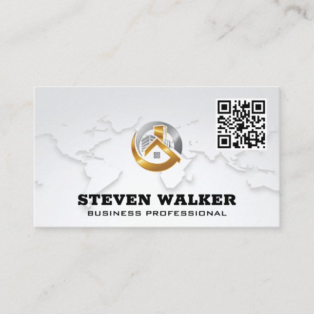 World Map | Corporate Property Logo | QR Business Card (Front)