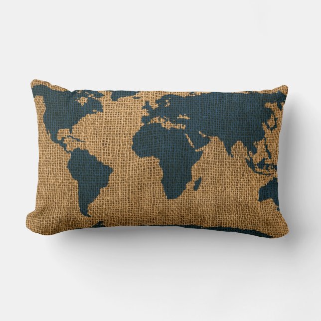World Map Deep Sea Blue Lumbar Cushion (Front)