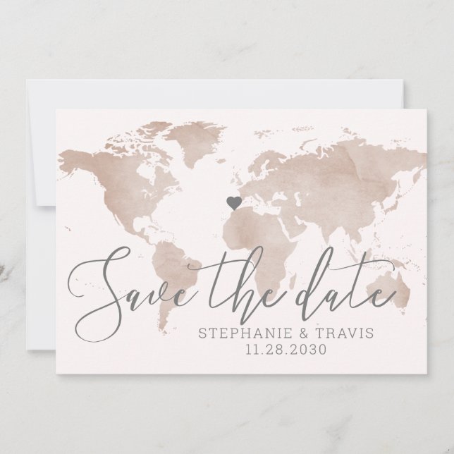 World Map Destination Wedding Save the Date Tan Announcement (Front)