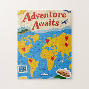 World map dotted with heart pins and landmarks jigsaw puzzle