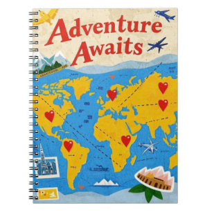 World map dotted with heart pins and landmarks notebook