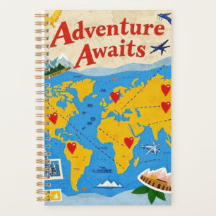 World map dotted with heart pins and landmarks planner