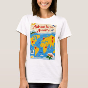 World map dotted with heart pins and landmarks T-Shirt