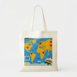 World map dotted with heart pins and landmarks tote bag