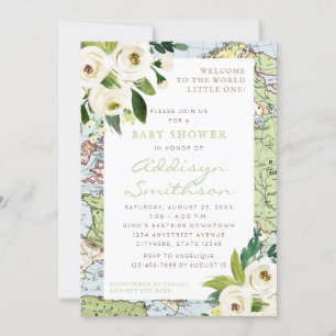 World Map Floral Border Gender Neutral Baby Shower Invitation