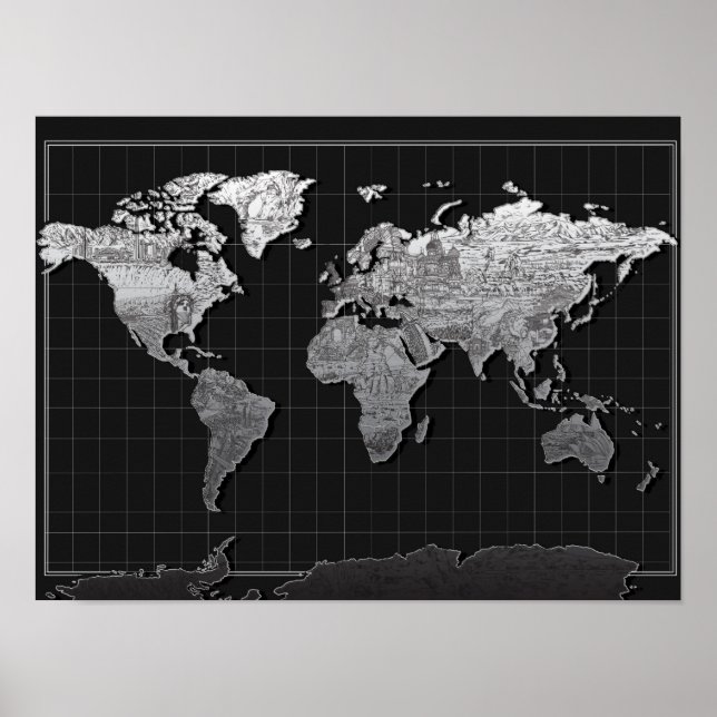world map galaxy black and white 4 poster (Front)