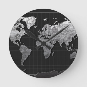world map galaxy black and white 4 round clock