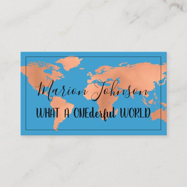 World Map Globe Map Travel Agency Rose Cooper Blue Business Card (Front)
