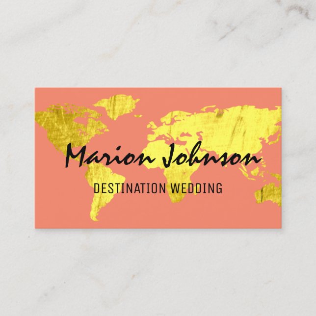 World Map Globe Map Travelling Salmon Gold Logo  Business Card (Front)