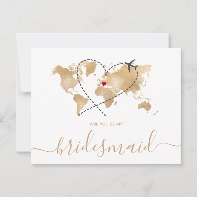 World Map Gold Will You Be My Bridesmaid Invitation (Front)