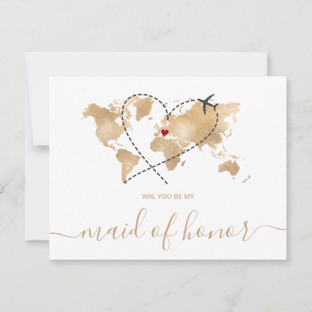 World Map Gold Will You Be My Maid of Honour Invit Invitation (Front)