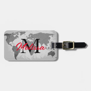 World Map Grey Red Monograms Traveller Custom Name Luggage Tag