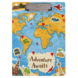 World Map Heart Pins Adventure Awaits Clipboard